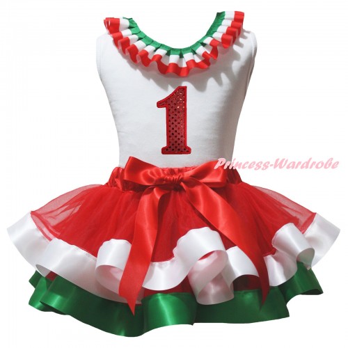 White Pettitop Red White Green Lacing & 1st Sparkle Red Birthday Number Print & Red White Green Trimmed Pettiskirt MG3159