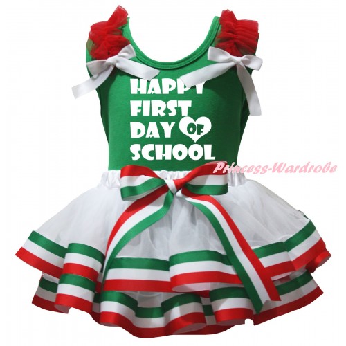 Green Pettitop Red Ruffles White Bows & Happy First Day Of School Painting & Red White Green Striped Trimmed Pettiskirt MG3166