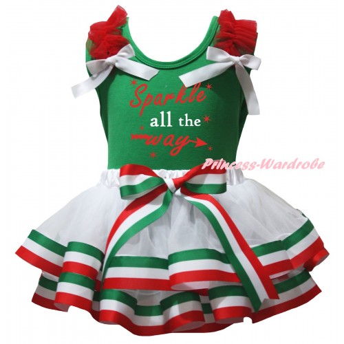 Green Pettitop Red Ruffles White Bows & Sparkle All The Way Painting & Red White Green Striped Trimmed Pettiskirt MG3169