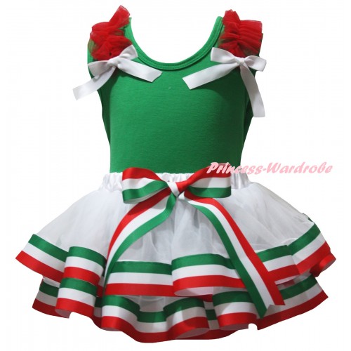 Green Pettitop Red Ruffles White Bows & Red White Green Striped Trimmed Pettiskirt MG3171