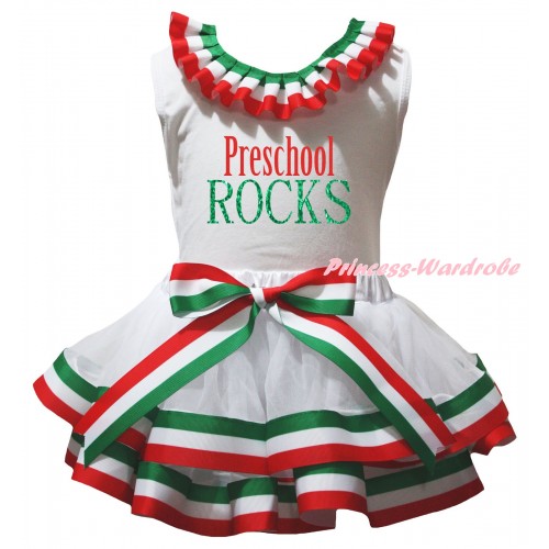 White Pettitop Red White Green Lacing & Preschool Rocks Painting & Red White Green Striped Trimmed Pettiskirt MG3173