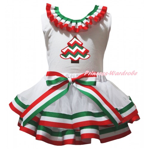 White Pettitop Red White Green Lacing & Striped Christmas Tree Print & Red White Green Striped Trimmed Pettiskirt MG3175
