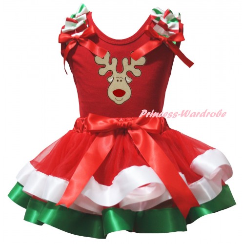 Christmas Red Pettitop Red White Green Ruffles Red Bows & Christmas Reindeer Print & Red White Green Trimmed Pettiskirt MG3181