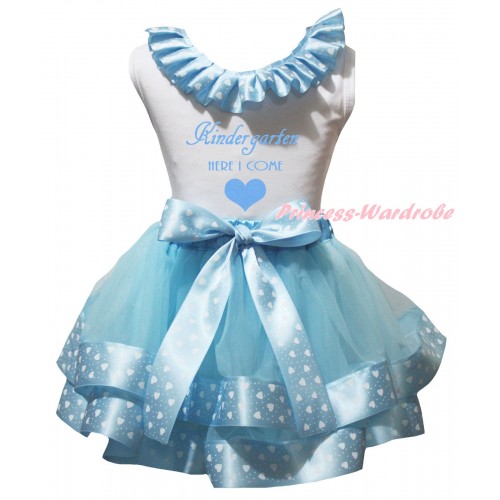 White Baby Pettitop White Heart Dots Lacing & Kindergarten Here I Come Painting & Light Blue White Heart Dots Trimmed Newborn Pettiskirt NG2557