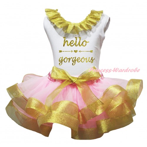 White Baby Tank Top Sparkle Gold Lacing & Hello Gorgeous Painting & Light Pink Sparkle Gold Trimmed Newborn Pettiskirt NG2574