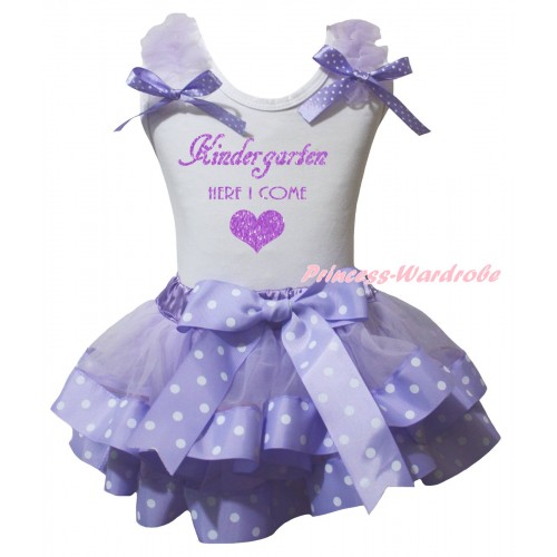 White Baby Pettitop Lavender Ruffles Lavender White Dots Bow & Kindergarten Here I Come Painting & Lavender White Dots Trimmed Newborn Pettiskirt NG2575