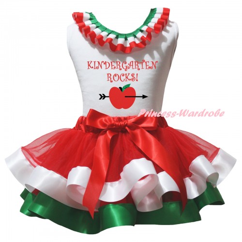White Baby Pettitop Red White Green Lacing & Kindergarten Rocks Apple Painting & Red White Green Trimmed Newborn Pettiskirt NG2582