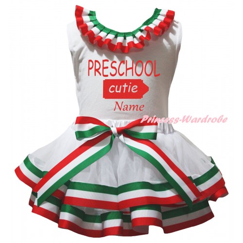 Personalize Custom White Baby Pettitop Red White Green Lacing & Preschool Cutie Painting & Red White Green Striped Trimmed Newborn Pettiskirt NG2593