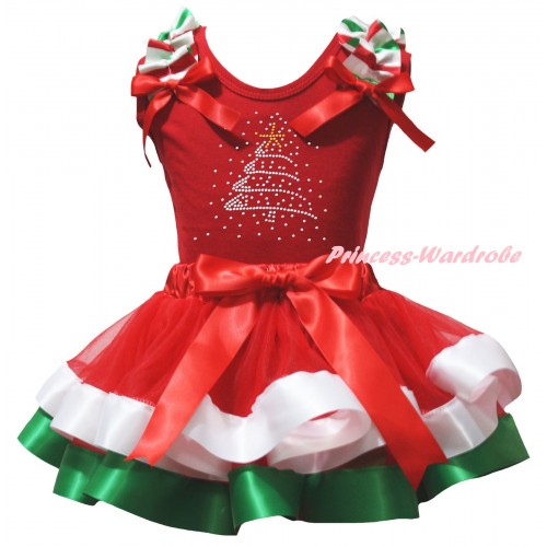 Christmas White Baby Pettitop Red White Green Lacing & Sparkle Rhinestone Christmas Tree Print & Red White Green Striped Trimmed Newborn Pettiskirt NG2603