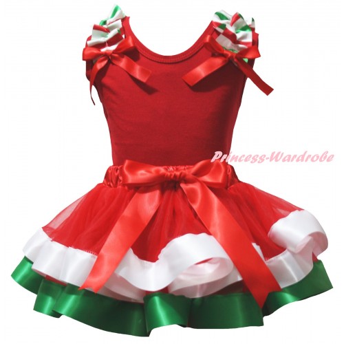 White Baby Pettitop Red White Green Lacing & Red White Green Striped Trimmed Newborn Pettiskirt NG2604
