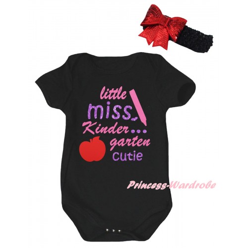 Black Baby Jumpsuit & Little Miss Kindergarten Cutie Painting & Black Headband Red Bow TH1056