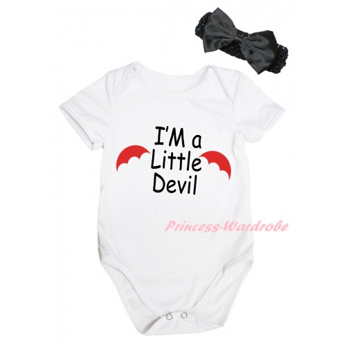 Halloween White Baby Jumpsuit & I'm A Little Devil Painting & Black Headband Bow TH1061