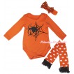Halloween Orange Baby Jumpsuit & Spider Web Painting & Orange Headband Bow & Black Ruffles Orange White Dots Leg Warmer Set TH1072