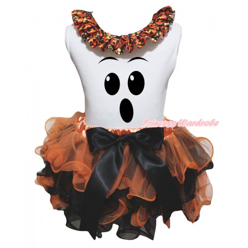 Halloween White Pettitop With Black Pumpkin Lacing & Ghost Face Painting & Orange Black Petal Newborn Pettiskirt With Black Bow NG2641