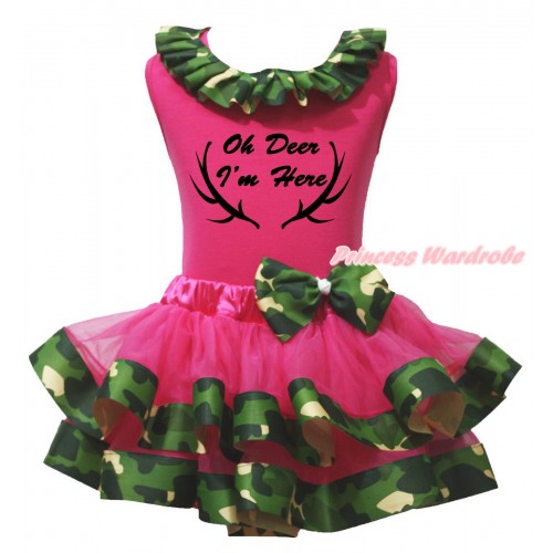 Christmas Hot Pink Pettitop Camouflage Lacing & Oh Deer I'm Here Painting & Hot Pink Camouflage Trimmed Newborn Pettiskirt NG2658