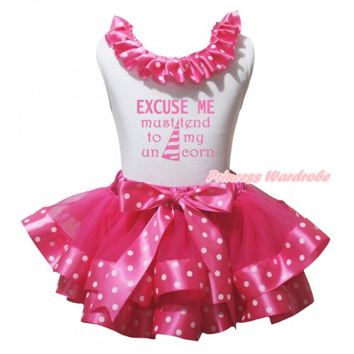 Halloween White Pettitop Hot Pink White Dots Lacing & Excuse Me Must Tend To My Unicorn Painting & Hot Pink White Dots Trimmed Newborn Pettiskirt NG2663