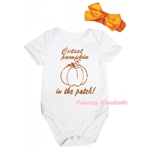 Halloween White Baby Jumpsuit & Sparkle Orange Cutest Pumpkin In The Patch! Painting & Orange Headband Orange Bow TH1074