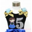 Black Tank Top With Light Blue Ruffles & Sparkle Goldenrod Bow With Princess Anna & 5th Sparkle White Birthday Number Print TB798
