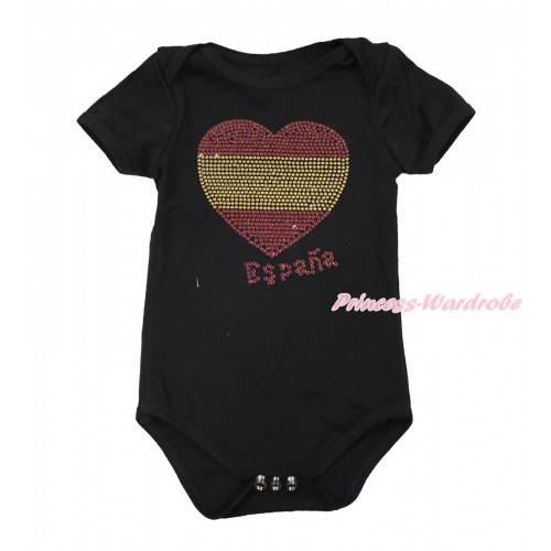 World Cup Black Baby Jumpsuit with Sparkle Crystal Bling Rhinestone Spain Heart Print TH495
