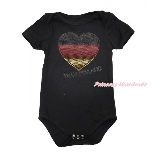 World Cup Black Baby Jumpsuit with Sparkle Crystal Bling Rhinestone Germany Heart Print TH499