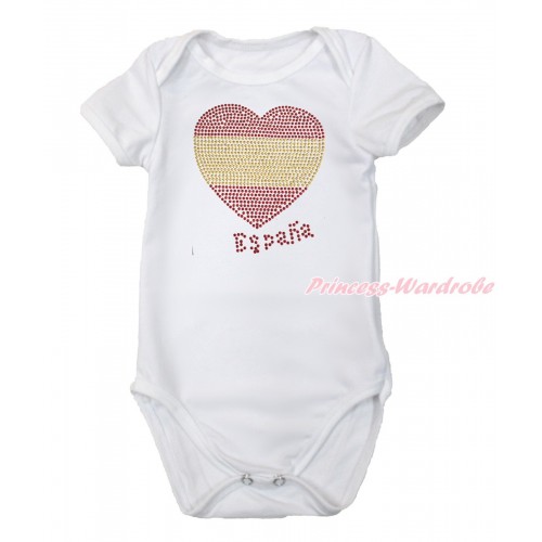World Cup White Baby Jumpsuit with Sparkle Crystal Bling Rhinestone Spain Heart Print TH502