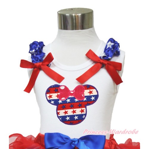 White Tank Top Patriotic American Star Ruffles Red Bow Red White Blue Striped Star Minnie TB819