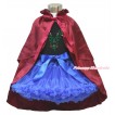 Frozen Black Tank Top with Light Blue Ruffles & Sparkle Goldenrod Bow with Sparkle Crystal Bling Rhinestone Princess Anna Print & Royal Blue Pettiskirt & Raspberry Wine Red Satin Cape MG1236