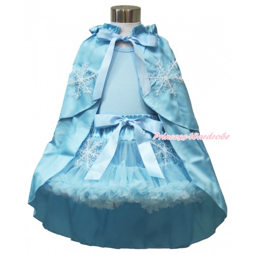 Frozen Elsa Light Blue Tank Tops with White Ruffles and Sparkle Silver Grey Bow & Light Blue Snowflakes Pettiskirt & Snowflakes Light Blue Satin Cape MH222