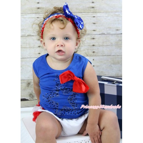 American's Birthday Royal Blue Baby Pettitop & Red Silk Bow & Sparkle Crystal Glitter Star Print & America Flag Ruffles Bloomers with Red White Royal Blue Headband Patriotic American Star Satin Bow LD283