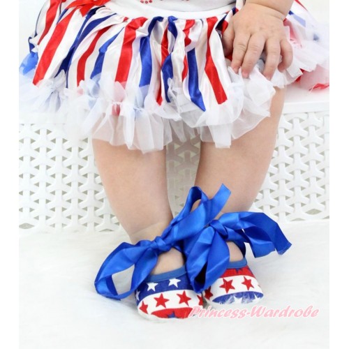 Red White Blue Striped Stars Crib Shoes With Royal Blue Ribbon S569 
