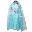 Frozen Elsa Light Blue Long Sleeve Dress With Sparkle Snowflakes Light Blue Organza Cape Costume C002-1