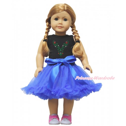 Frozen Black Tank Top Sparkle Rhinestone Princess Anna Print & Royal Blue Pettiskirt American Girl Doll Outfit DO012