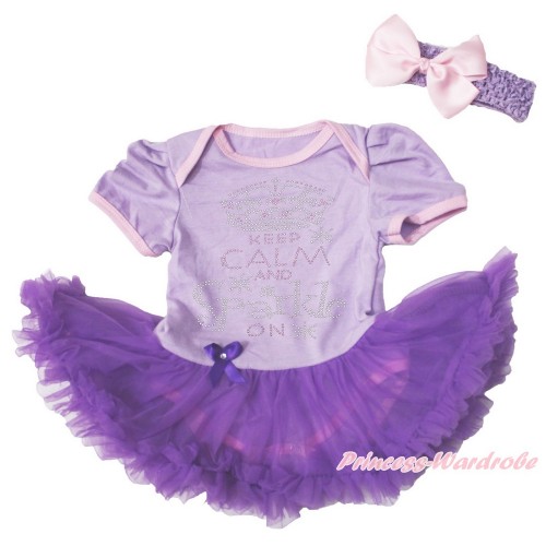 Lavender Bodysuit Dark Purple Pettiskirt & Sparkle Rhinestone Keep Calm And Sparkle On & Lavender Headband Light Pink Silk Bow JS3735
