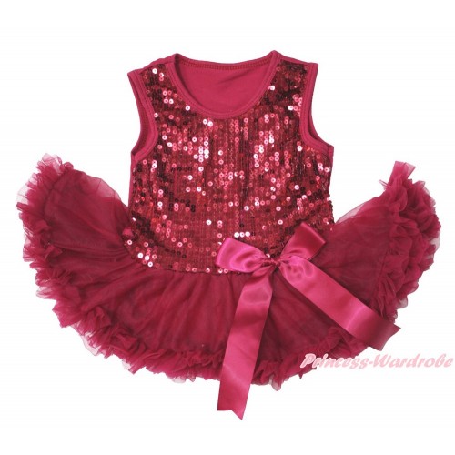 Valentine's Day Raspberry Wine Red Sparkle Sequins Baby Bodysuit Pettiskirt & Bow JS3742