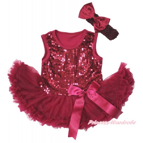 Valentine's Day Raspberry Wine Red Sparkle Sequins Baby Bodysuit Pettiskirt & Bow & Wine Red Headband Satin Bow JS3746