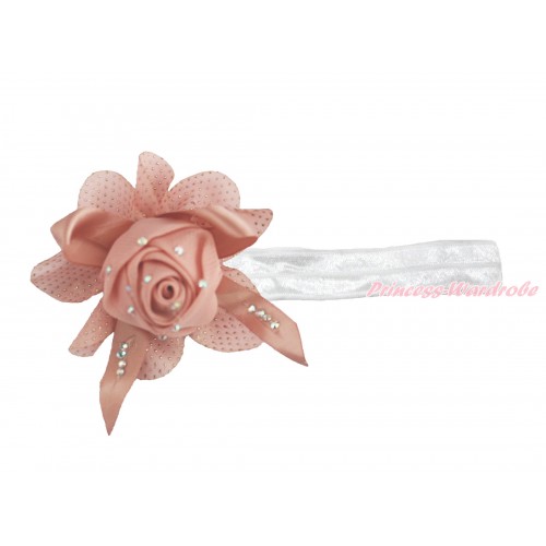 White Headband With Sparkle Bling Light Pink Rose Hair Clip H832