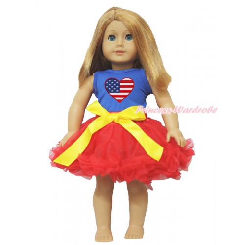 American's Birthday Royal Blue Tank Top Patriotic American Heart Print & Yellow Bow Hot Red Pettiskirt American Girl Doll Outfit DO007