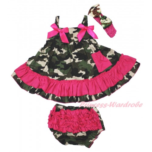 Hot Pink Camouflage Swing Top & Hot Pink Bow & Camouflage Panties Bloomers & Hot Pink Headband Camouflage Satin Bow SP14