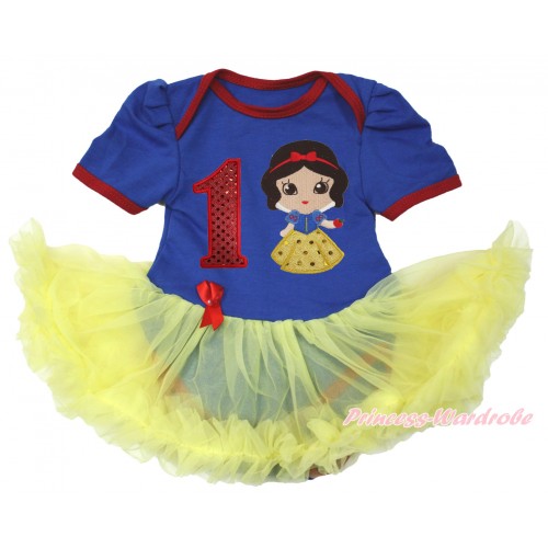 Royal Blue Red Ruffles Baby Bodysuit Jumpsuit Yellow Pettiskirt with 1st Sparkle Red Birthday Number & Snow White Print JS3672