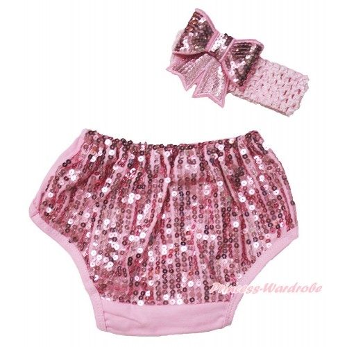 Light Pink Sparkle Sequins Panties Bloomers & Light Pink Headband Sparkle Sequins Bow BA27