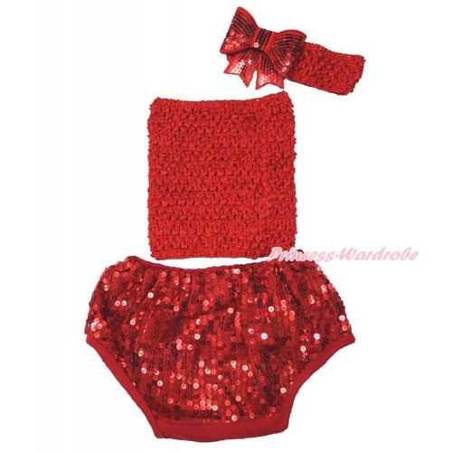 Hot Red Crochet Tube Top & Sparkle Sequins Panties Bloomers & Hot Red Headband Sparkle Sequins Bow 3PC Set CT680