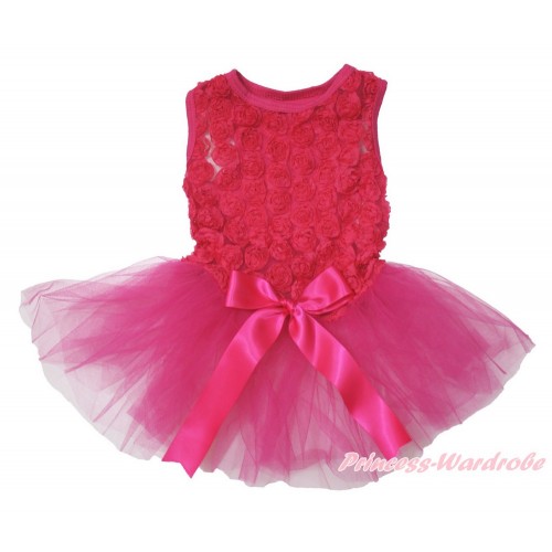 Valentine's Day Hot Pink Romantic Rose Sleeveless Gauze Skirt & Bow Pet Dress DC181