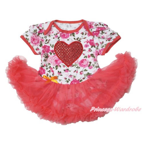 Valentine's Day Rose Fusion Bodysuit Jumpsuit Coral Tangerine Pettiskirt & Sparkle Red Heart JS3688