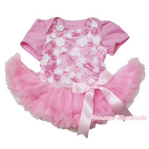 Light Pink White 3D Flower Bodysuit Jumpsuit Light Pink Pettiskirt & Light Pink Bow JS3712