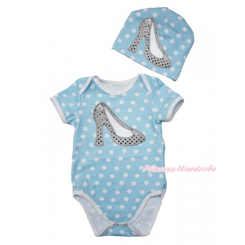 Light Blue White Polka Dots Baby Jumpsuit with Sparkle White High Heel Shoes Print with Cap Set JP57
