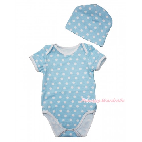 Plain Style Light Blue White Polka Dots Baby Jumpsuit with Cap Set TH519