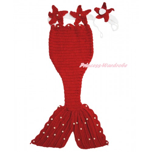 Hot Red Starfish Mermaid Photo Prop Crochet Newborn Baby Custome C294