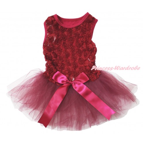 Valentine's Day Wine Red Romantic Rose Sleeveless Gauze Skirt & Bow Pet Dress DC182
