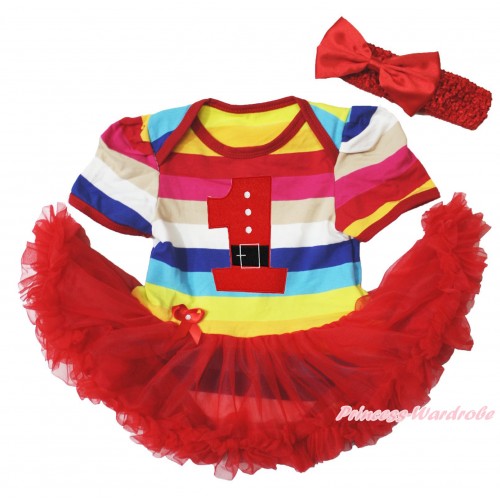 Xmas Rainbow Stripes Bodysuit Jumpsuit Red Pettiskirt & 1st Santa Claus Birthday Number & Red Headband Red Satin Bow JS3789