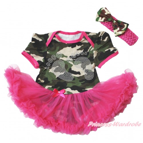 Camouflage Bodysuit Jumpsuit Hot Pink Pettiskirt & Sparkle rhinestone Foot Print & Hot Pink Headband Camouflage Satin Bow JS3796